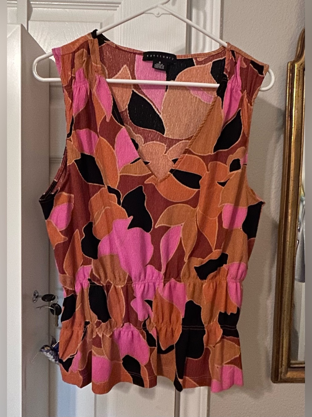 Sanctuary V-Neck Sleeveless Floral Peplum Top in Pink, Brown & Black